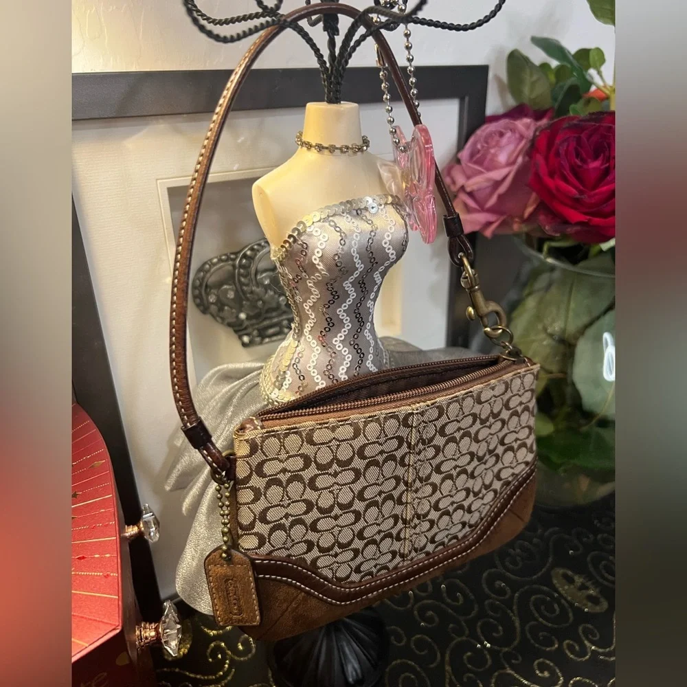 Coach Brown and Tan Suede and Canvas Signature Micro Cs Wristlet